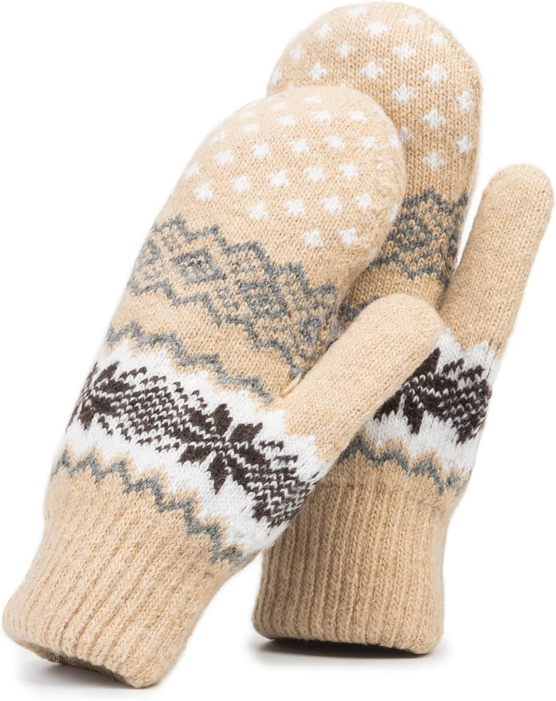 Women Warm Winter Wool Mittens - Snowflake Knit Fleece Gloves Double Layler Cute Mitts for Cold W... | Amazon (US)