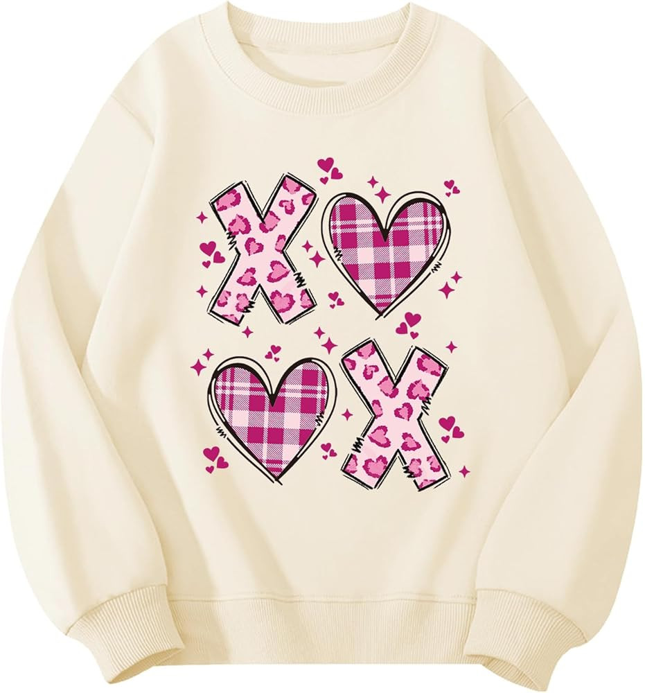 Girls Valentines Sweatshirt Love Hearts Graphic Cotton Long Sleeve Crewneck Shirts 4-12 Years | Amazon (US)