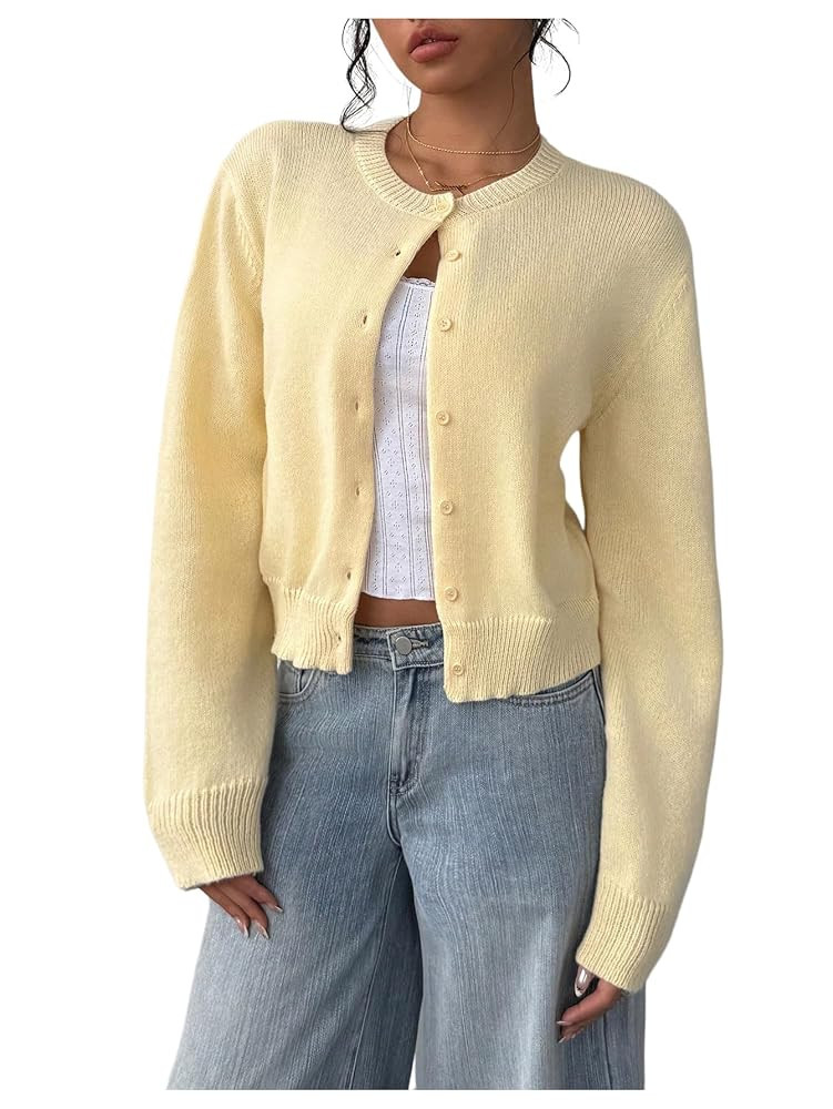 SOLY HUX Women's Button Down Long Sleeve Crewneck Crop Cardigan Sweater Cute Knitwear Clothes | Amazon (US)