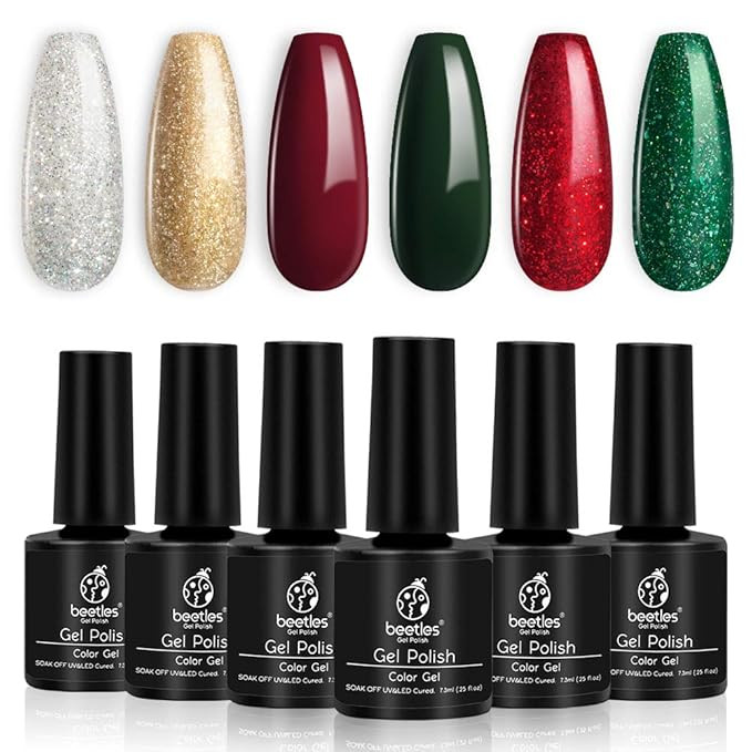 Beetles Gel Nail Polish Set, New Year Kit Sparkle Green Glitter Gold Silver Dark Green Dark Red S... | Amazon (US)