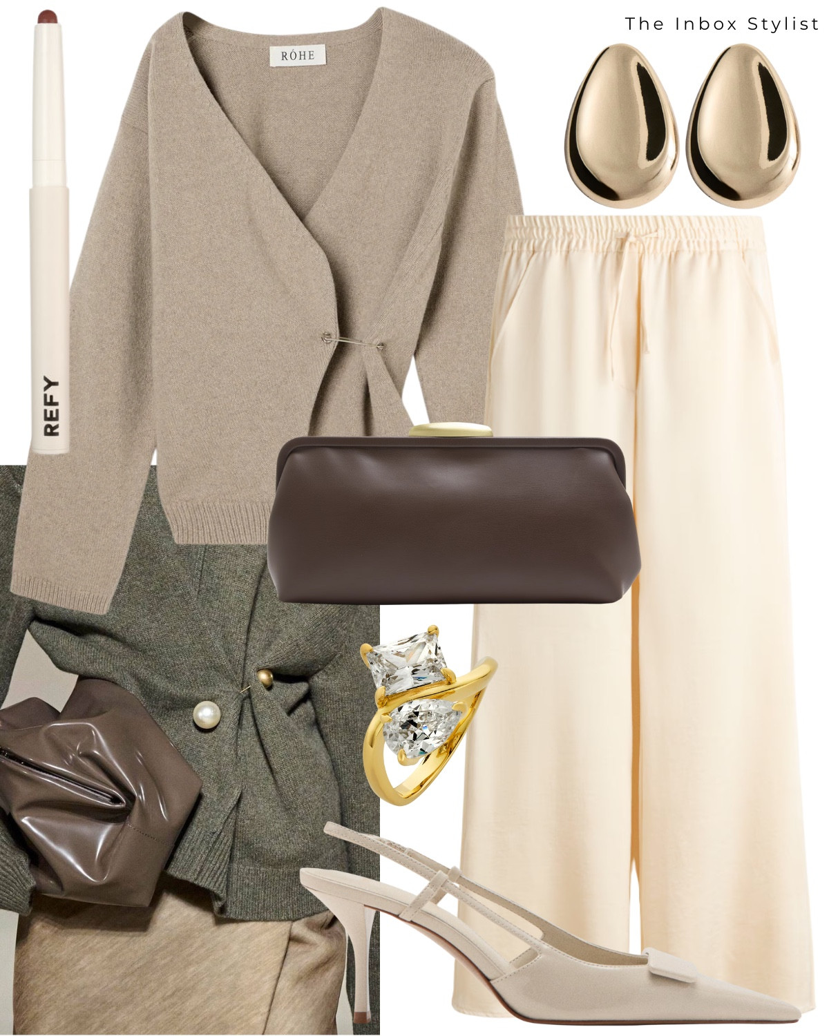 Elevate your knitwear with brooch detailing. 

Including mink knit cardigan, cream silk trousers, gold stud earrings, cream slingback heels, toi et moi diamond ring, brown clutch bag, lipstick  

#LTKwinter #LTKstyletip #LTKbag
