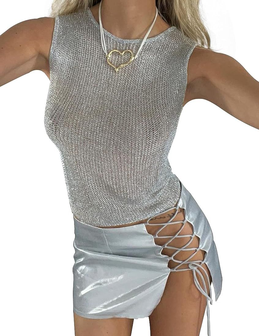 Meladyan Women Sexy Fishnet Knit Glittering Crop Tank Going Out Top Sheer Mesh Sleeveless Crewnec... | Amazon (US)