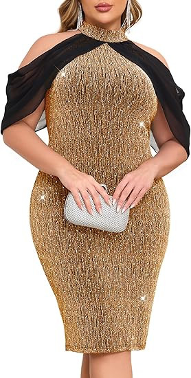 ZOMVA Plus Size Sparkly Party Dress Bodycon Halter Neck with Cape Cocktail Glitter Formal Club Ni... | Amazon (US)