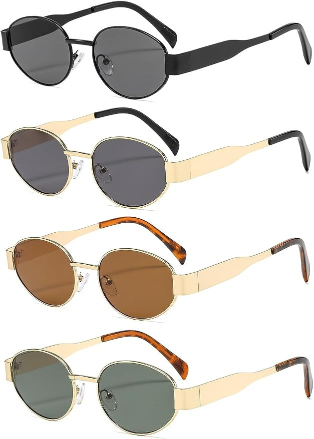 4 Pieces Retro Oval Sunglasses for Women Men Gold Metal Frame Sun Glasses | Amazon (US)