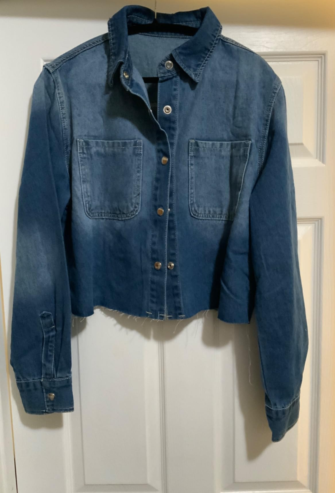 PLNOTME Womens Cropped Denim Jackets Long Sleeve Button Down Raw Hem Casual Jean Shirts | Amazon (US)