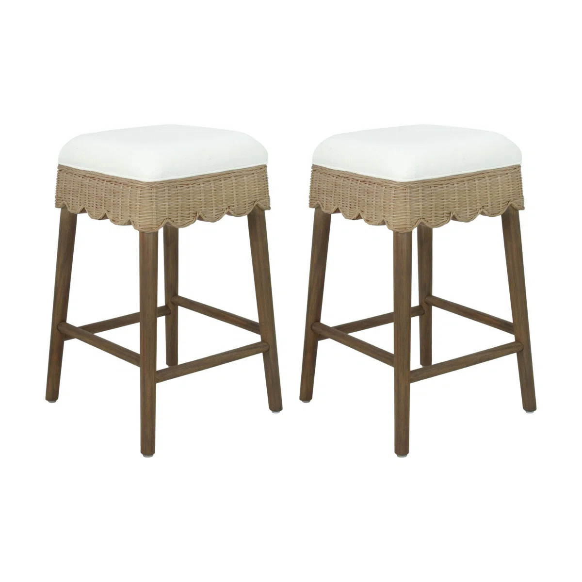Celia Solid Wood Backless Counterstool With Scallop Woven Rattan Apron and Upholstered White Seat... | Wayfair North America
