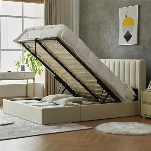 YUHUASHI Queen Size Hydraulic Storage Bed, Upholstered Platform Bed Frame, Modern Wingback Design Headboard, Velvet Fabric with Hydraulic Support Bars, No Box Spring Required (Cream, Full) | Amazon (US)