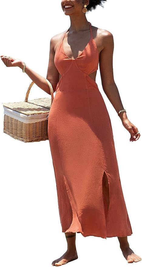 CUPSHE Women's V Neck Halter Cutout Self Tied Dress Ankle Length Dress | Amazon (US)