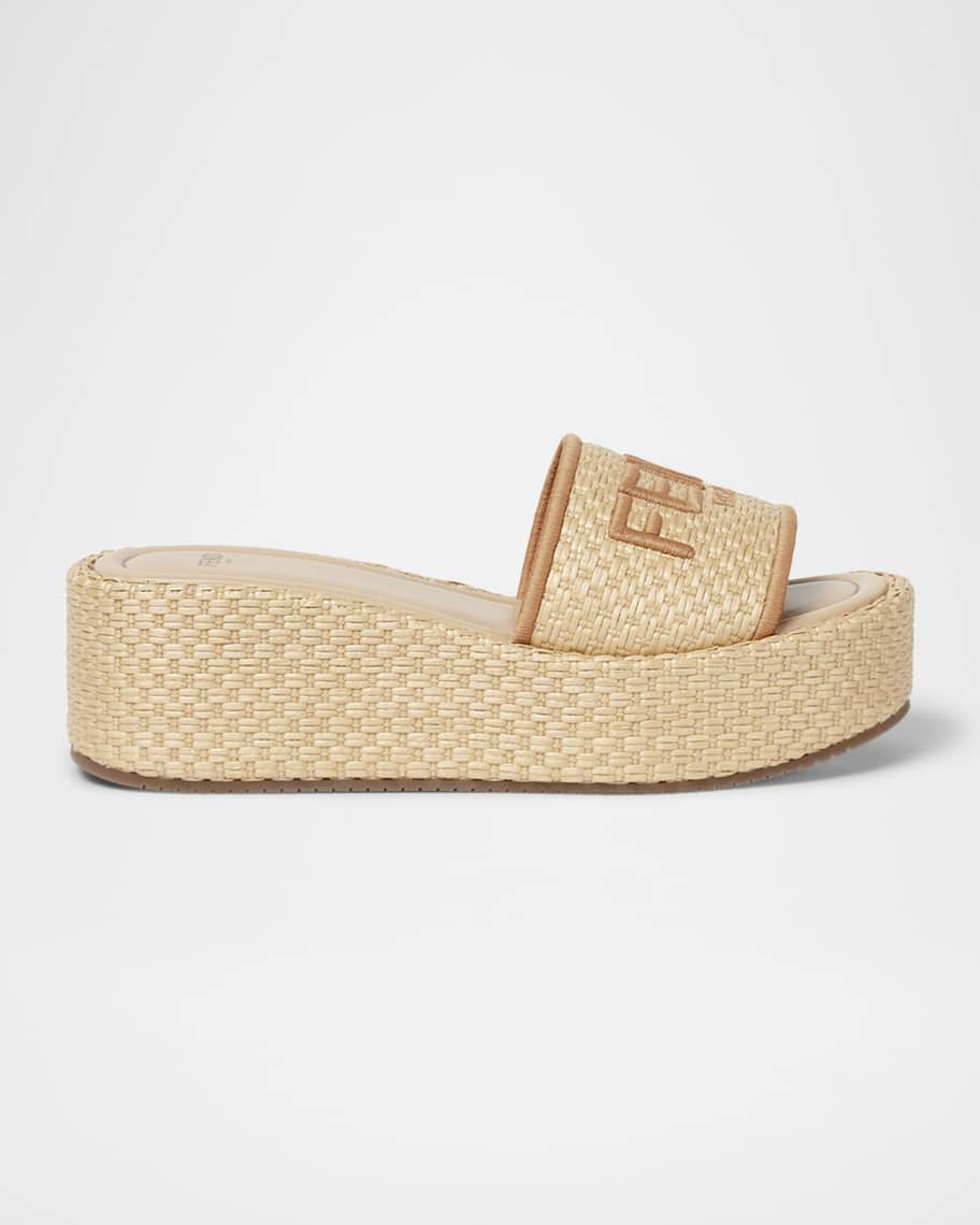 Fendi Sunshine Raffia Platform Slide Sandals | Neiman Marcus
