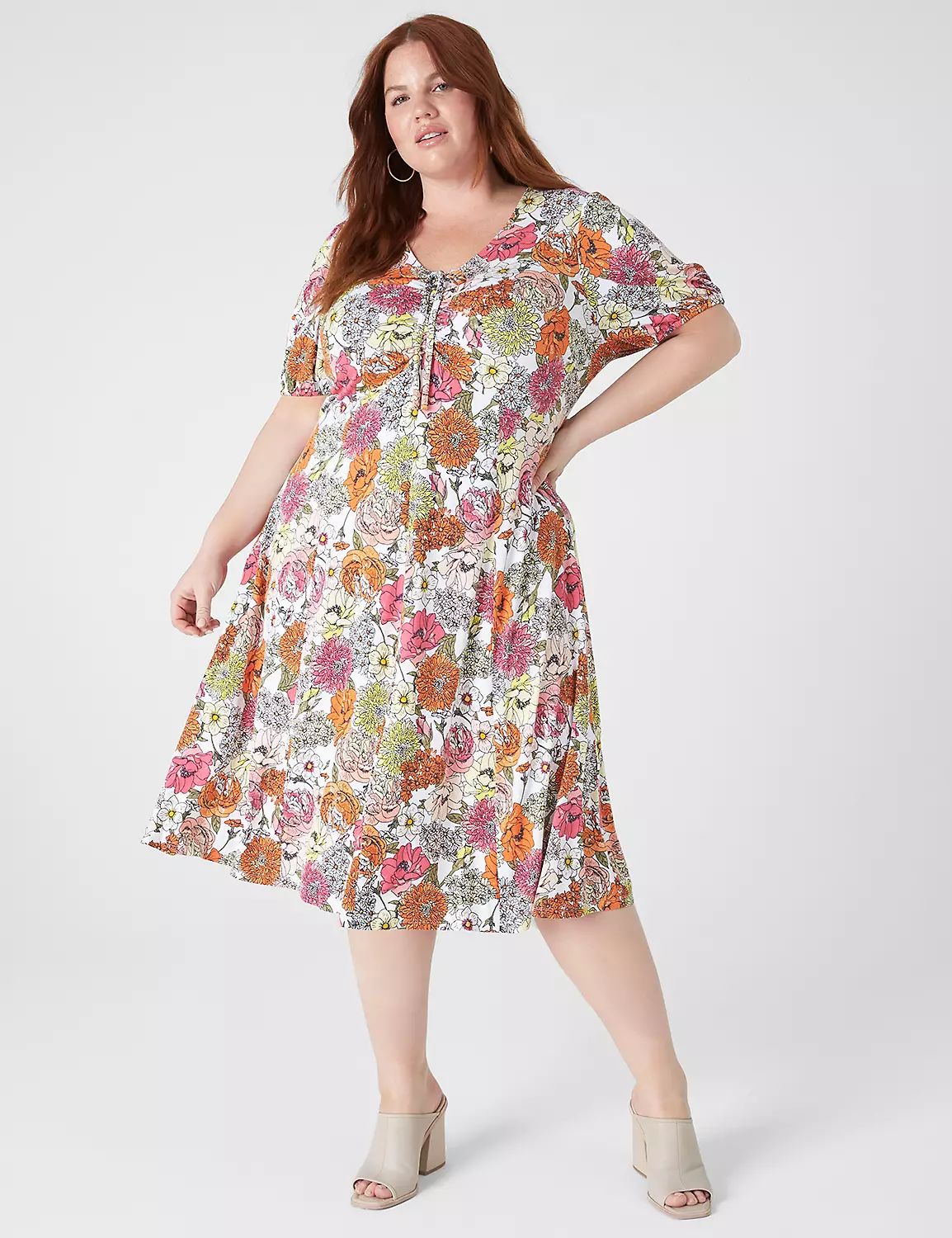 Puff-Sleeve Ruched-Front Fit & Flare Dress | LaneBryant | Lane Bryant (US)