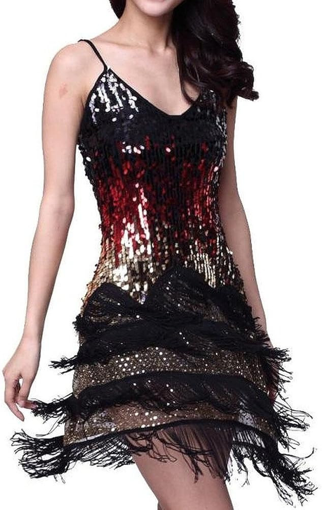 Vijiv Women's Adjustable Strap Gradient Sequin Fringe Dance Party Dress | Amazon (US)
