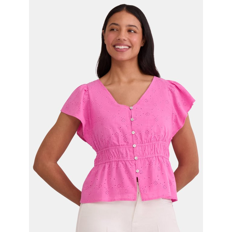 Time and Tru Women's Eyelet Peplum Top, Sizes XS-XXXL | Walmart (US)