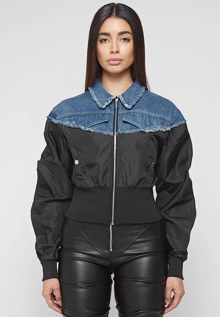 Denim Bomber Jacket - Mid Blue/Black | Maniere De Voir