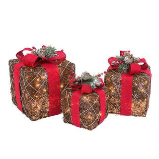 15 in. Assorted Electric Lighted Natural Vine Gift Boxes with Burlap Ribbons (Set of 3) | The Home Depot