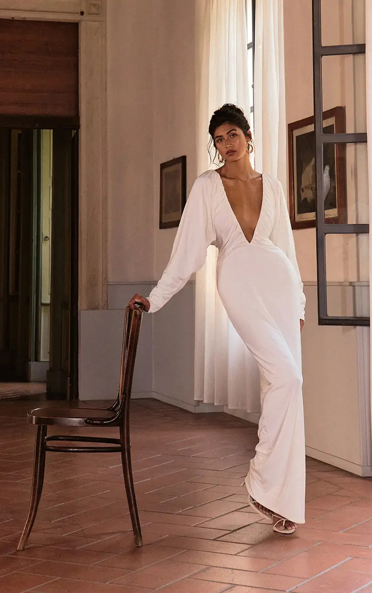 PLT Label White Slinky Ruched Plunge Batwing Maxi Dress | PrettyLittleThing US