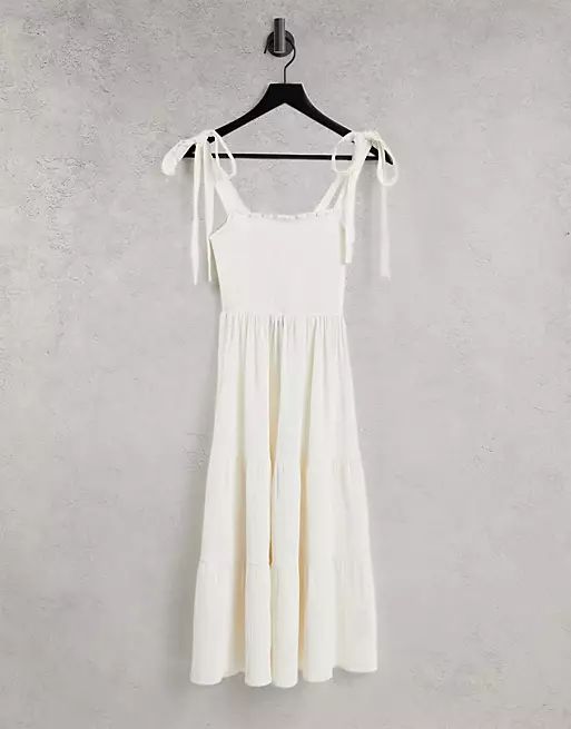 New Look tie strap tiered midi dress in off white | ASOS (Global)