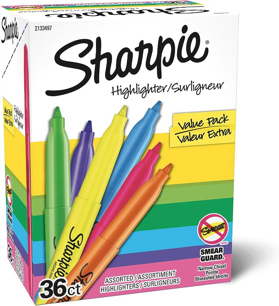 SHARPIE Pocket Highlighters, Narrow Chisel Tip, Assorted Fluorescent Colors, Value Pack, 36 Count | Amazon (US)