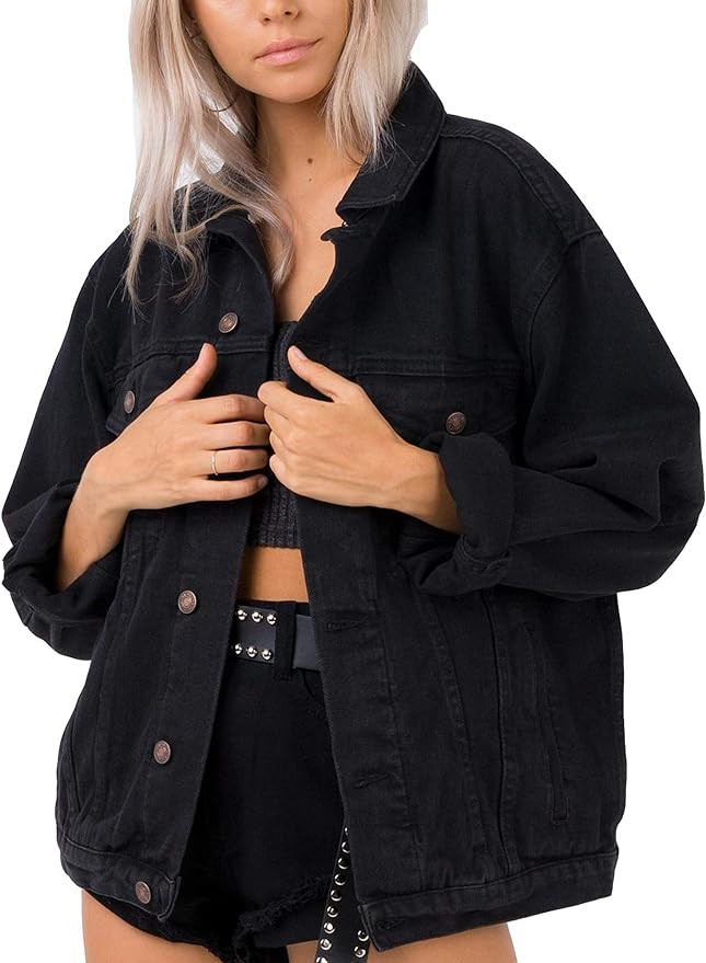 Women's Oversized Vintage Denim Jacket Long Sleeve Boyfriend Coat | Amazon (US)