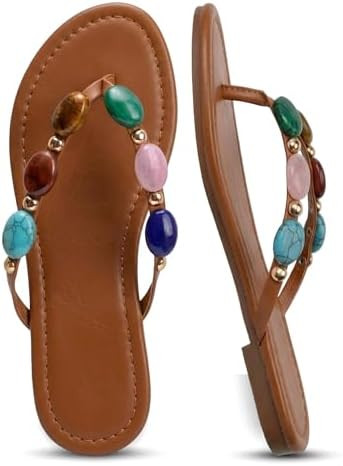 Oakmoo Women Jewelled Thong Strap Open Round Toe Flip Flops Comfy Slip on Flats Sandals Casual Su... | Amazon (US)