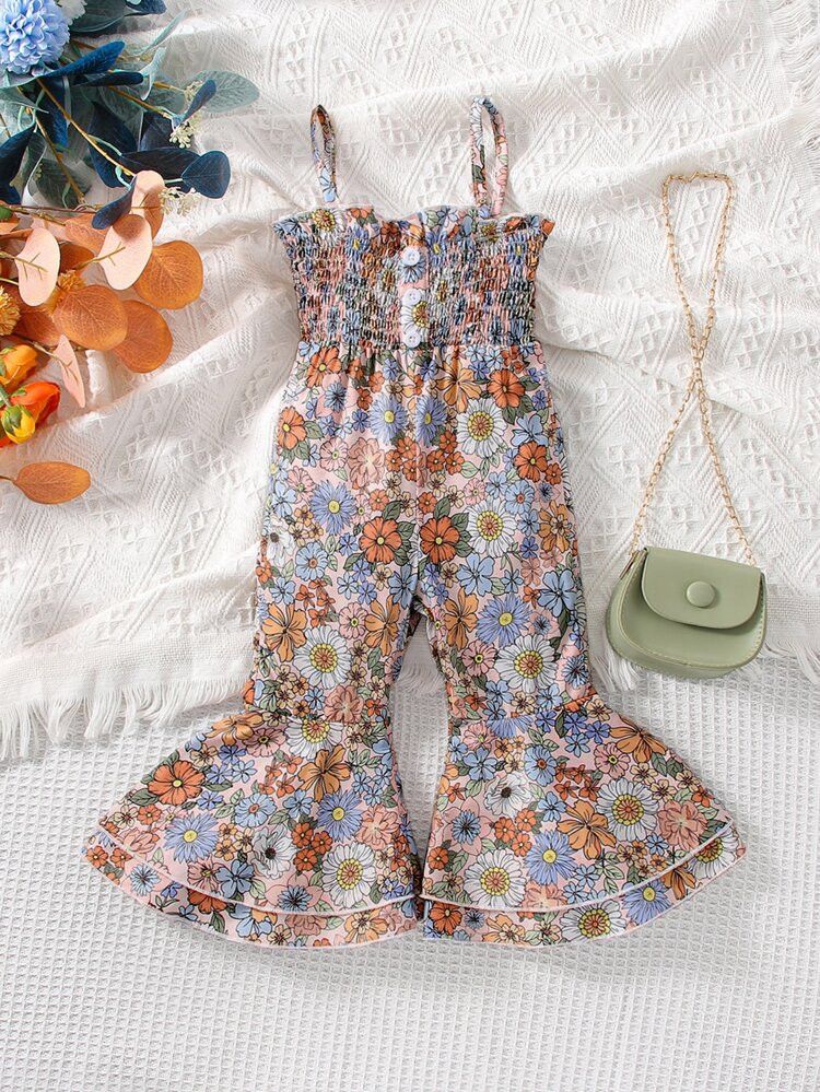 Baby Allover Floral Print Shirred Bodice Flare Leg Cami Jumpsuit | SHEIN