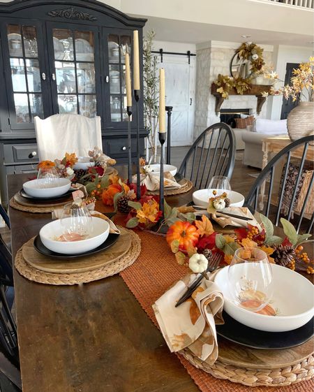 Fall tablescape inspiration fall centerpiece fall accents, fall decor, fall plates, candles, table runner, black dinner plates #falldecorating #fallaccents

#LTKhome #LTKSeasonal #LTKHoliday