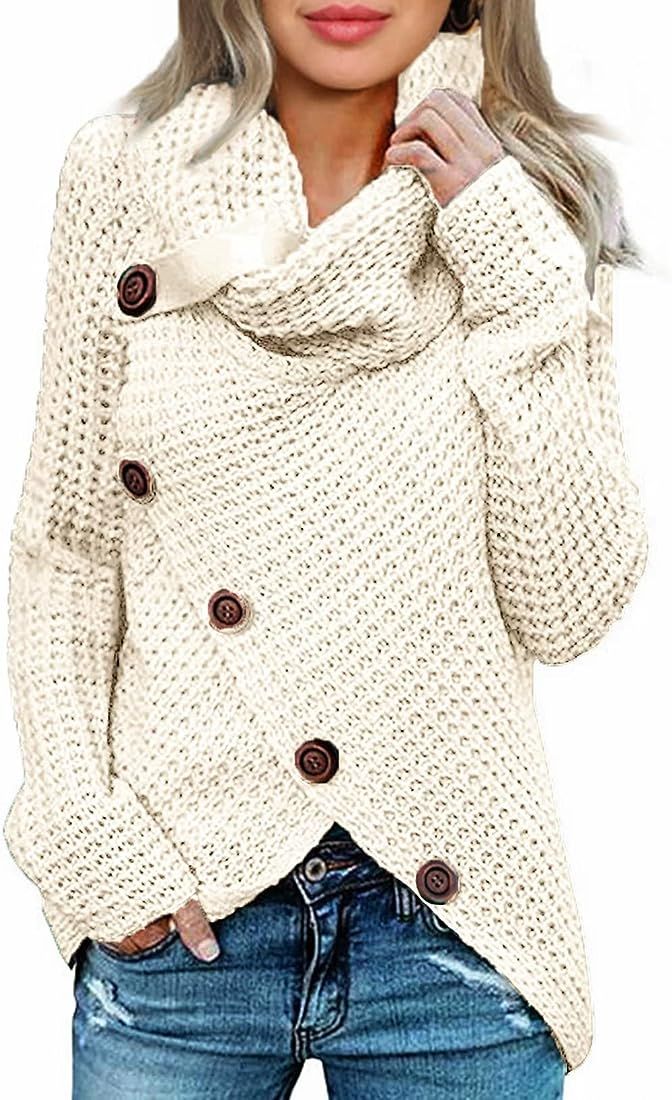 Asvivid Women's 2023 Spring Fashion Turtle Cowl Neck Long Sleeve Wrap Asymmetric Pullover Sweater... | Amazon (US)