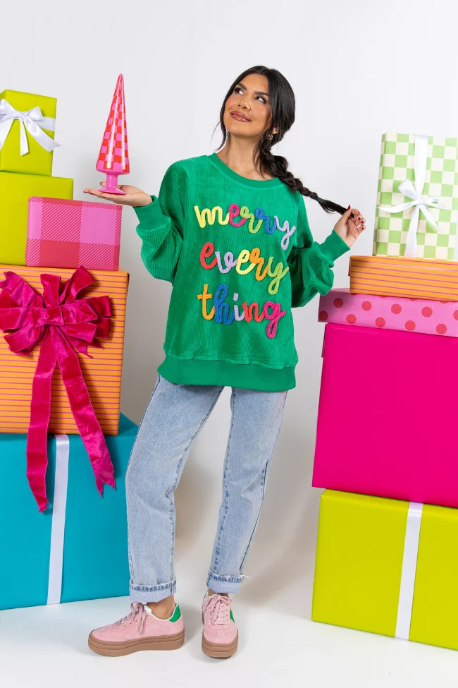 Merry Everything Green Multi Corded Embroidered Sweatshirt | Pink Lily