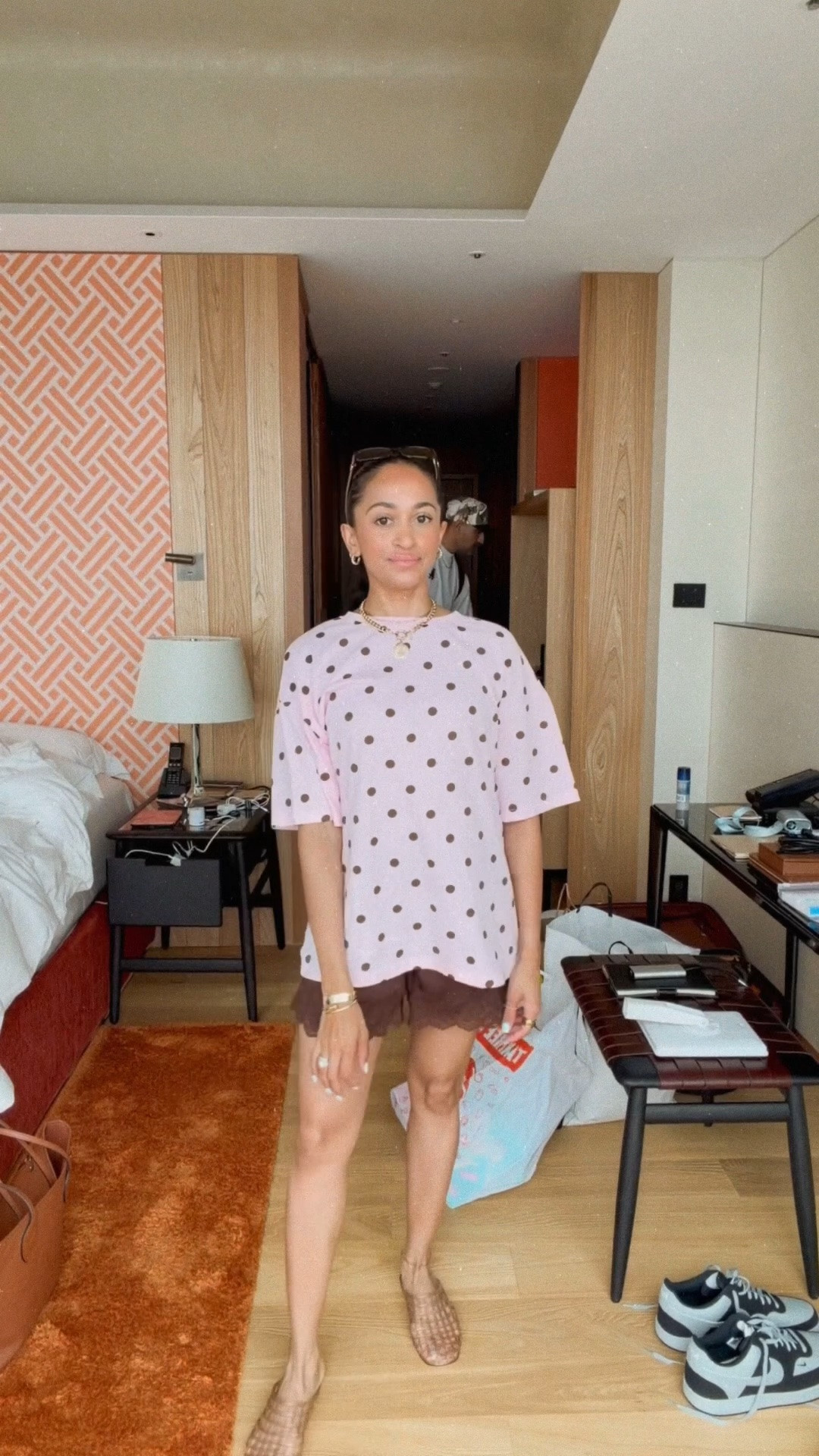Brown satin lace shorts
Polka dot tee
Trending shorts

#LTKootd #LTKSaleAlert #LTKPetite