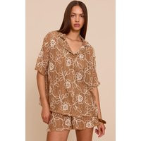 Tan Embroidered Floral Short Sleeve Shirt | PrettyLittleThing US