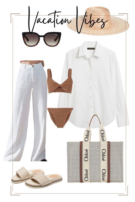 Resort style vacation outfit beach outfit white linen pants white button down cover up Hunza G bathing suit lookalikes summer tote beach tote 
