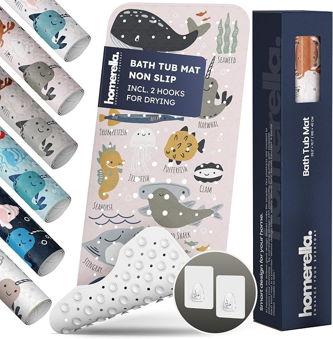 Bath Tub Mat Non Slip Anti Mold for Kids BPA Free INCL Hooks - homerella® Ocean Sea Animals 40x1... | Amazon (US)