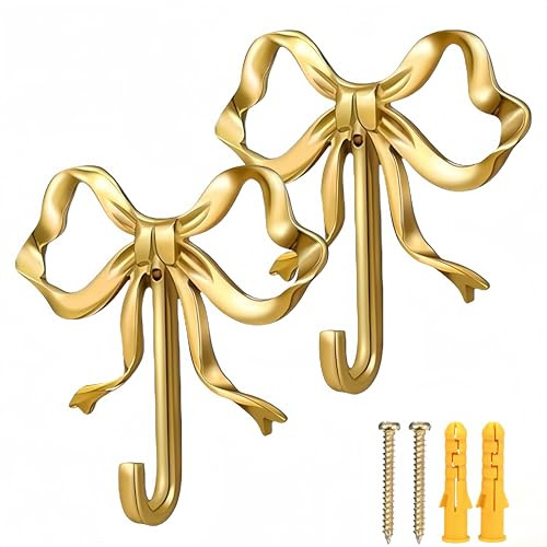2 Pcs Firmer Gold Bow-Knot Hook, Large Medium Size Decorative Wall Hooks for Hanging Things, Door Hanger Gold Towel Hooks, Gold Room Decor for Bedroom Bathroom Livingroom Kitchen (2, 3.7*3.6 Inch) | Amazon (US)