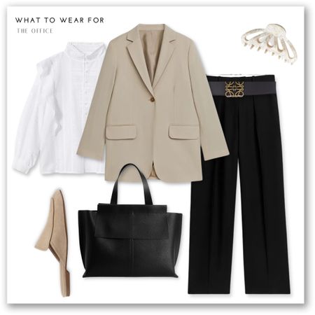 Office workwear inspo 🫶

Arket beige blazer, black tailored trousers, beige mules, black tote bag, white blouse, Loewe belt, broderie white blouse 

#LTKstyletip #LTKSeasonal #LTKworkwear