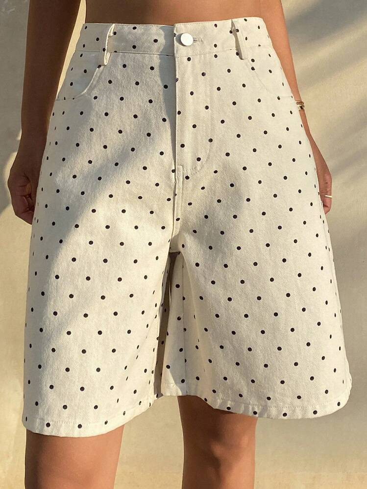 Livesso New Loose Casual Summer Beach Wear Polka Dot Women Denim Shorts Jorts | SHEIN