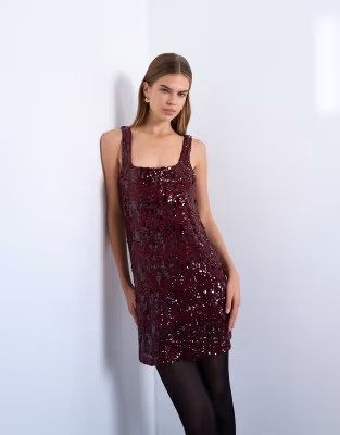 Topshop sequin scoop neck mini dress in burgundy | ASOS (Global)