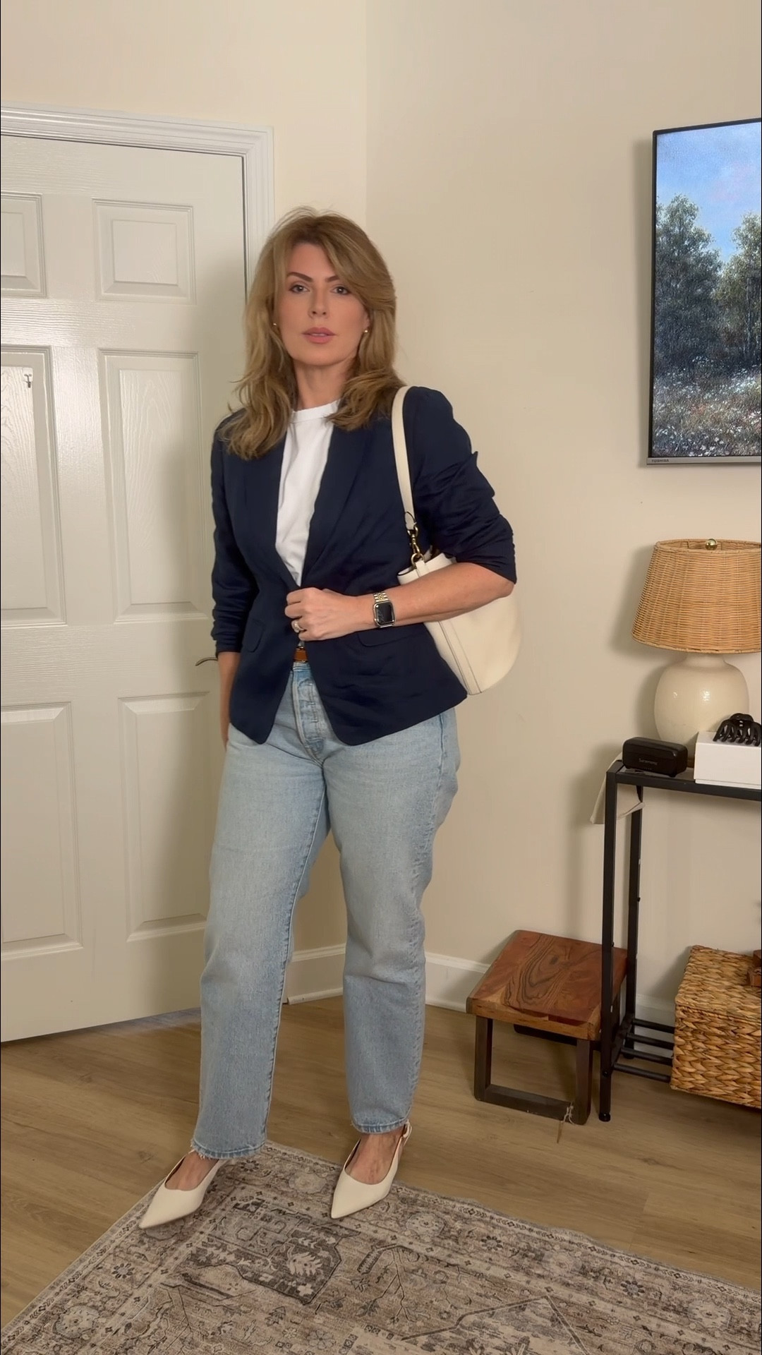 Effortless, elevated, and quietly powerful 🤍

This is my go-to formula when I want to look put together without overthinking it:
– A structured navy blazer (instant polish)
– Light wash denim (keeps it modern + relaxed)
– Cream slingbacks (elongate the leg and feel so chic)
– A soft ivory shoulder bag (ties everything together)

It’s that perfect balance between casual and refined — the kind of outfit you can wear to brunch, errands, or even a casual meeting and still feel like her.

Think: 90s minimal, editor off-duty, Carolyn Bessette energy.

✨ Save this for your everyday uniform
✨ Everything linked in my LTK

#LTKstyle #LTKover40 #EffortlessStyle #ClassicWithATwist #CapsuleWardrobe

#LTKMidsize #LTKTall #LTKOver40