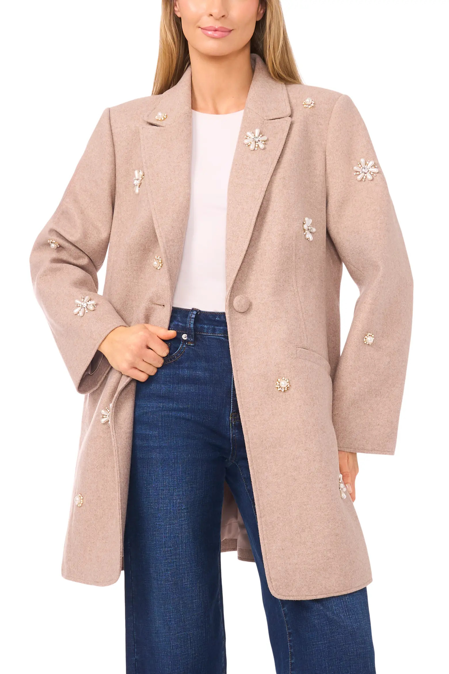 CeCe Faux Pearl & Rhinestone Detail Coat (Women) | Nordstrom | Nordstrom