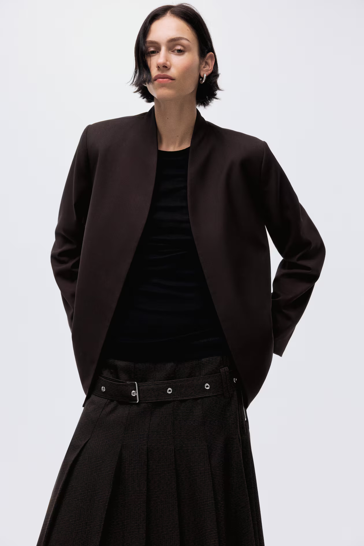 Belted blazer - Dark beige/Dogtooth pattern - Ladies | H&M GB | H&M (UK, MY, IN, SG, PH, TW, HK)