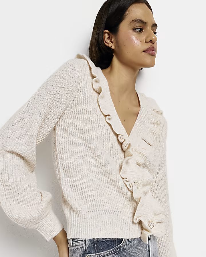 Cream knitted frill cardigan | River Island (US)