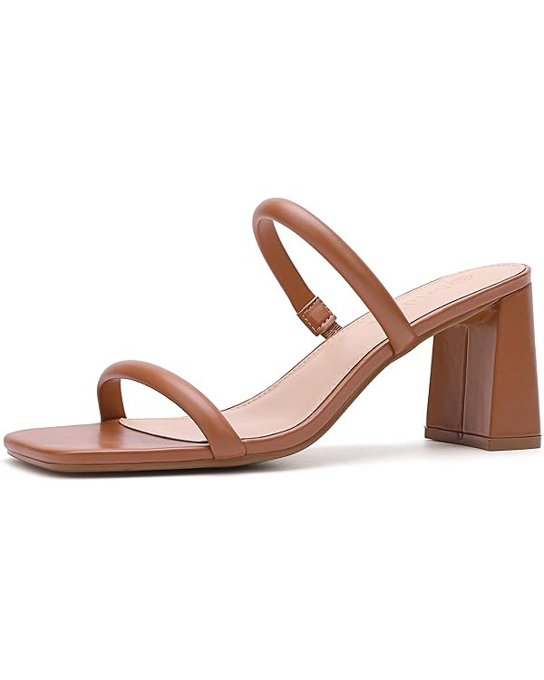 Women's Square Open Toe Heeled Sandals Two Strap Mules Slip On Block Chunky Mid Heels Sandals | Amazon (US)