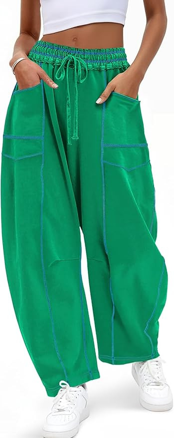 Aoysky Womens Baggy Barrel Wide Leg Pants Casual Drawstring Elastic Waist Contrast Stitch Workout... | Amazon (US)