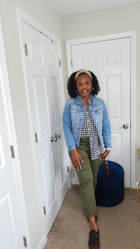 Anthropologie headband, J. Crew gingham top and denim jacket, gap cargos, Birkenstock Boston cargos. Madewell earrings. Some of these items may be out of stock, I’ll find similar matches .

#LTKstyletip #LTKVideo #LTKmidsize