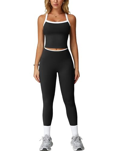 2 Piece Workout Sets for Women High Waisted Seamless Butt Lifting Leggings Gym Yoga Outfit Stretchy Sports Bra Set Black+white S | Amazon (US)