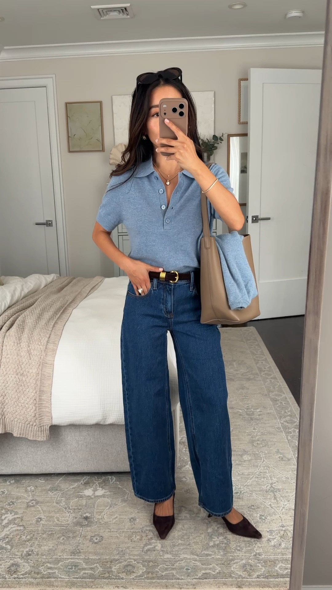 $50 jeans! • polo sweater Small, color temporarily sold out 
• Jeans 24 Short in obsidian blue, also linking the relaxed straight leg version in which I fit 24 Extra Short. these are mid rise with some stretch 
• bucket bag size small 

@Quince #quincepartner

Smart casual fall sweaters and jeans, petite Workwear with denim

#LTKPetite #LTKWorkwear #LTKSeasonal #LTKPetite #LTKWorkwear