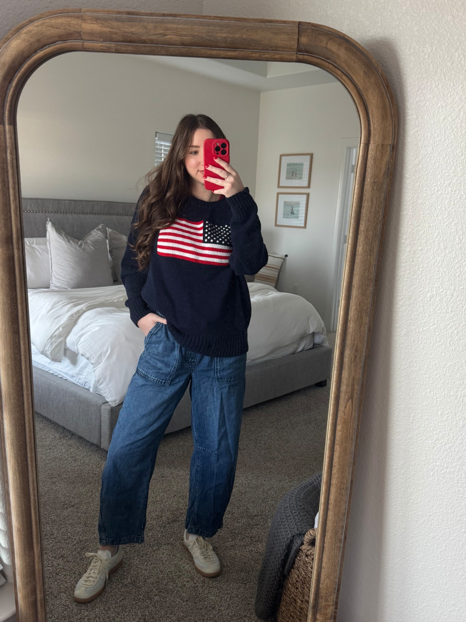 American Flag Sweater and Barrel Jeans ❤️💙 
Wearing a medium in the pants and an XL in the sweater 

#LTKSummerEdit #LTKFindsUnder50 #LTKStyleTip