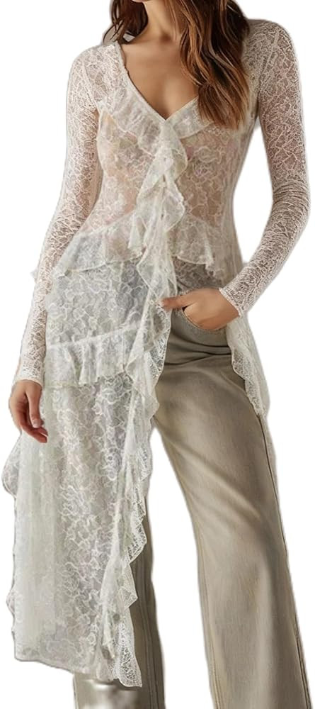Women Lace Mesh Flowy Maxi Top Tie Front Kimono Cardigan Sheer Long Sleeve Ruffled Duster Layerin... | Amazon (US)