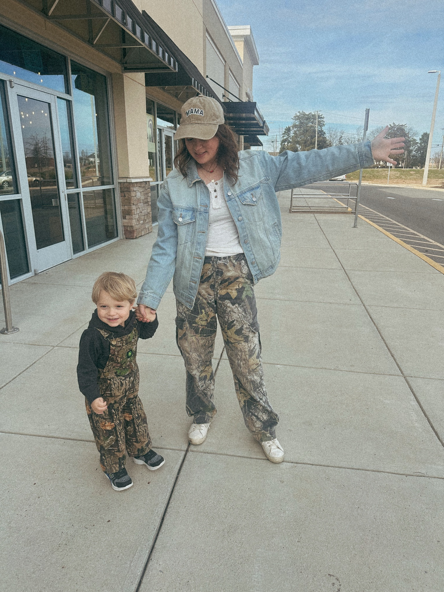 A moment for the matching camo!!! Jameson’s in a size 2T - runs true to size and my jacket is a size small! Oversized bc maternity! 