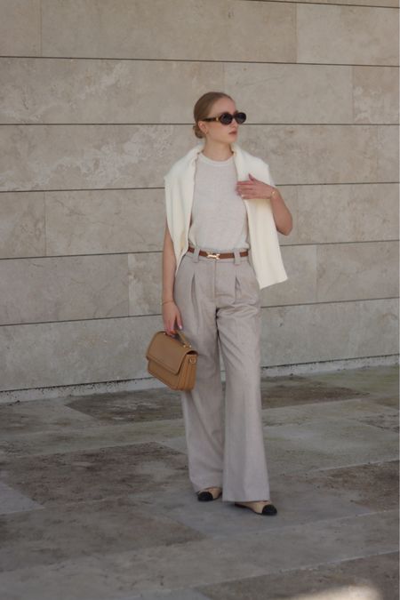 Neutral autumn look 
— trousers are Sezane trousers (I wear size 34) , but the Weekday trousers linked are most similar 

Wool trousers, wide leg trousers, beige trousers, suit pants, brown leather belt, brown belt, brown handbag, leather bag, work bag, workwear, beige ballerinas, celine Triomphe sunglasses, brown sunglasses 

#LTKeurope #LTKworkwear #LTKSeasonal