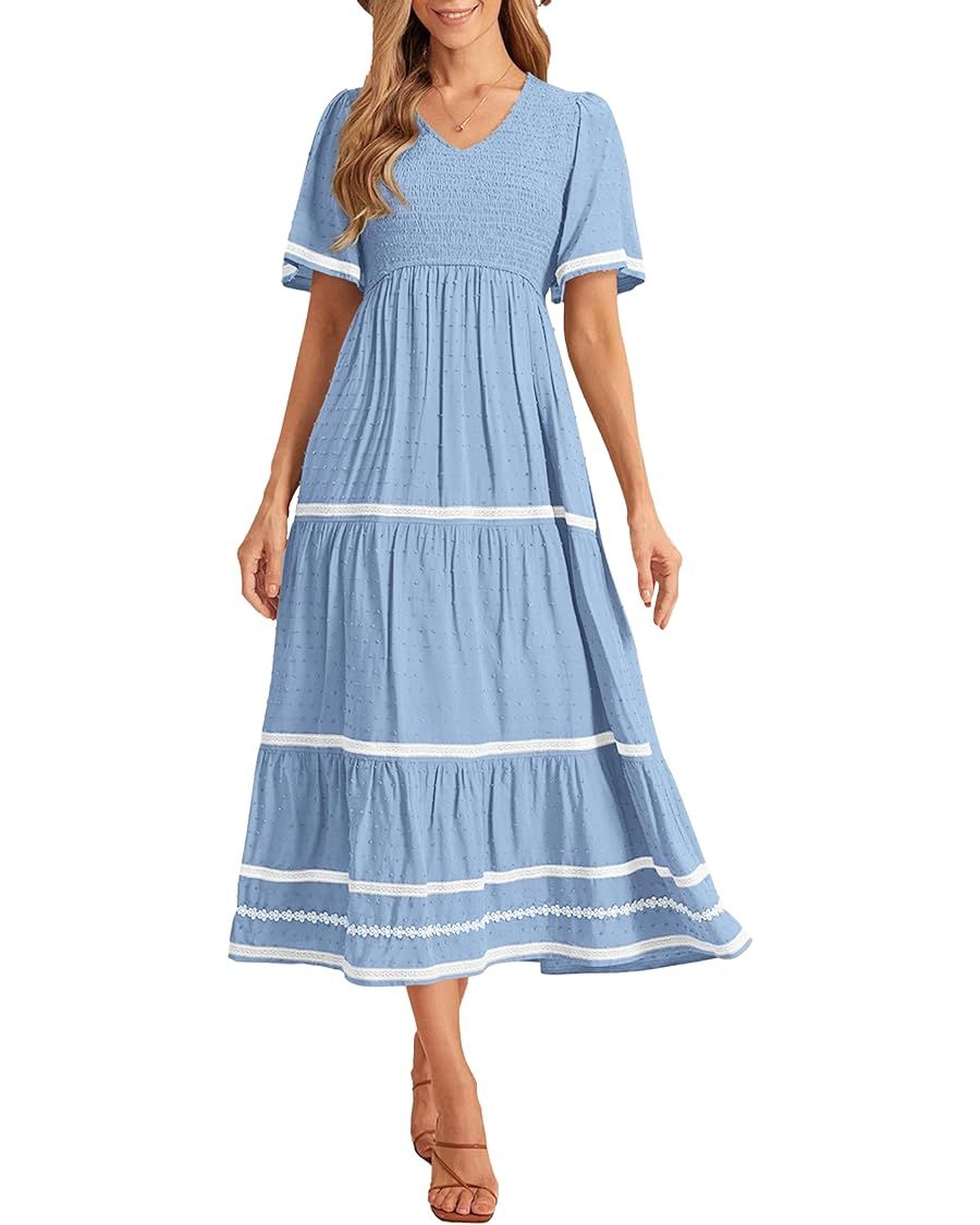 Pretty Garden Womens Casual Summer Maxi Dress Short Sleeve Swiss Dot V Neck Smocked Long Flowy Be... | Amazon (US)