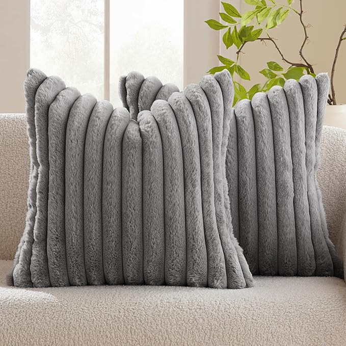 MIULEE Light Grey Throw Pillow Covers 18x18 Inch Set of 2 Fuzzy Striped Soft Pillowcase with Velv... | Amazon (CA)